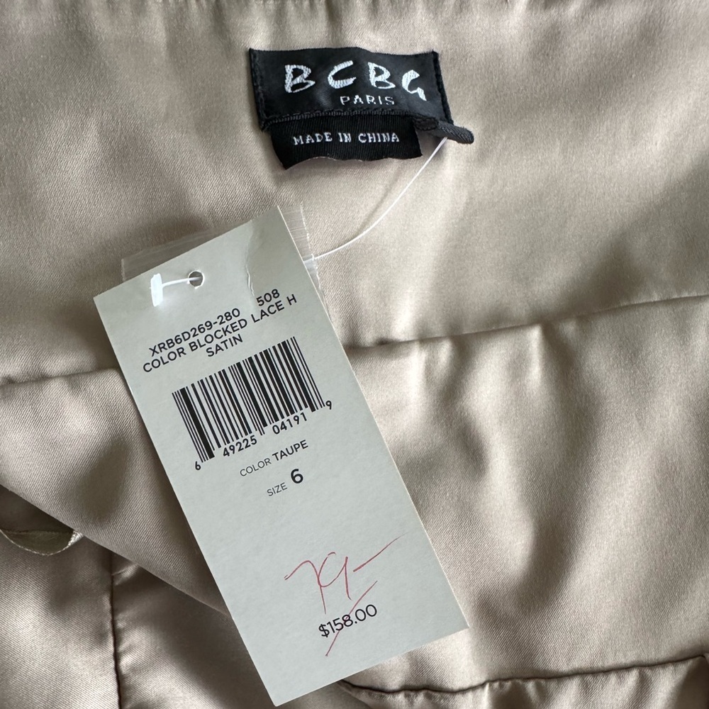 BCBG Paris Satin and Lace Black Nude Halter Dress Women’s Size 6 NWT - Picture 11 of 15